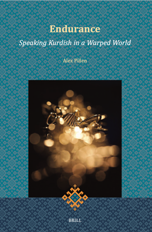 Book cover titled 'Endurance: Speaking Kurdish in a Warped World' by Alex Pillen, featuring abstract blurred lights and jewelry against a dark background.