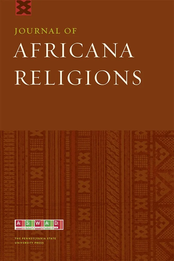 The cover of the Journal of Africana Religions, published by Pennsylvania State University Press, featuring a brown background with African-inspired patterns and the title in white and light green text.