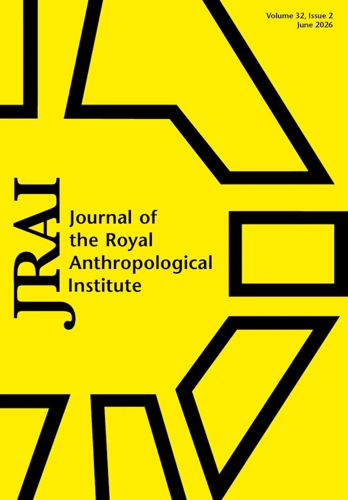 Cover of the Journal of the Royal Anthropological Institute, volume 32, issue 2, June 2026, with a yellow background and black geometric shapes.