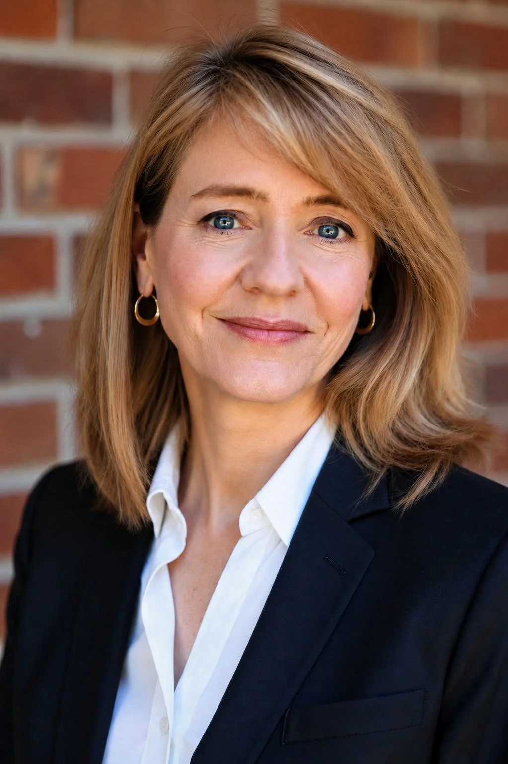 Headshot of a white woman with shoulder-length blond hair, blue eyes, wearing gold hoop earrings, a white collared shirt, and a black blazer, standing in front of a brick wall.