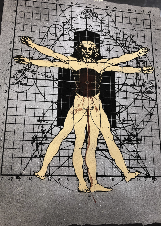 Illustration of Leonardo da Vinci's Vitruvian Man overlaid on a grid, featuring a skeleton with extended arms and legs, merged creatively with the Vitruvian man's figure.