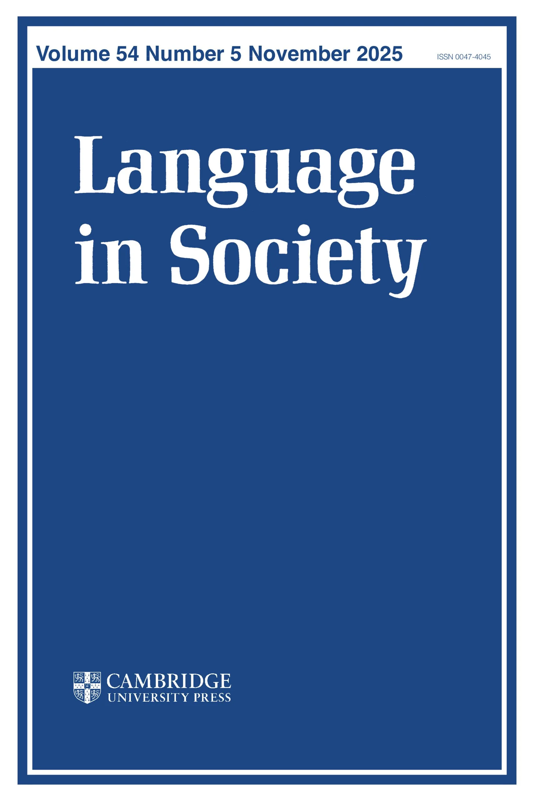 The cover of a scholarly journal titled 'Language in Society', published by Cambridge University Press, featuring the volume and issue information for November 2025.
