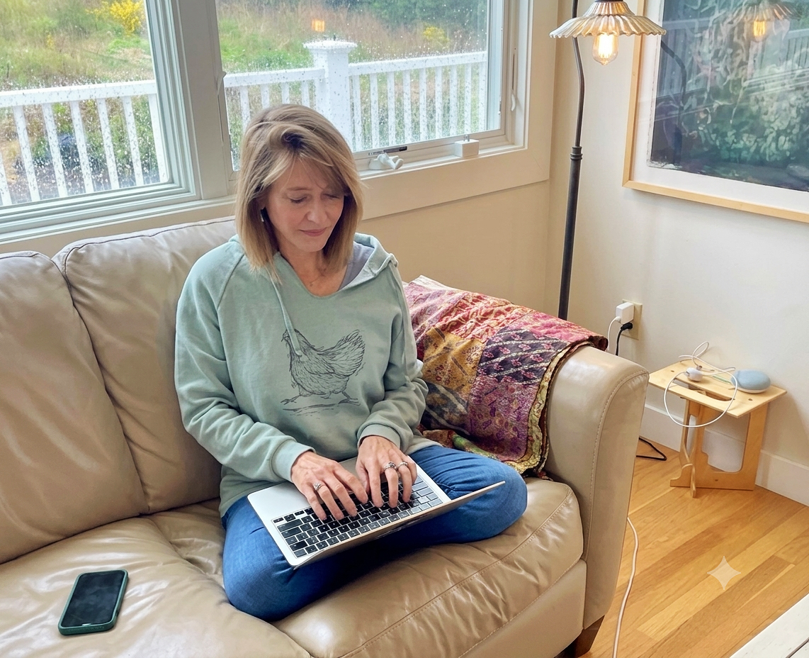 A woman sitting cross-legged on a beige leather couch in a living room, working on a laptop. There is a smartphone on the couch beside her, a quilt on the armrest, a window with rain outside behind her, and a floor lamp to her right.