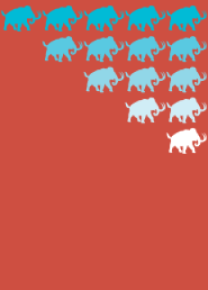 Ten blue rhinoceroses arranged in two columns on a red background.