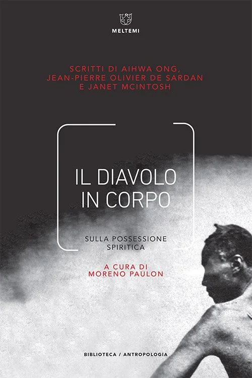 Book cover with black and white photograph of a man, title in Italian, and red and white text.