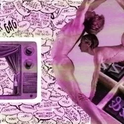 Two ballet dancers performing on stage, surrounded by comic-style graffiti art and a purple vintage radio.