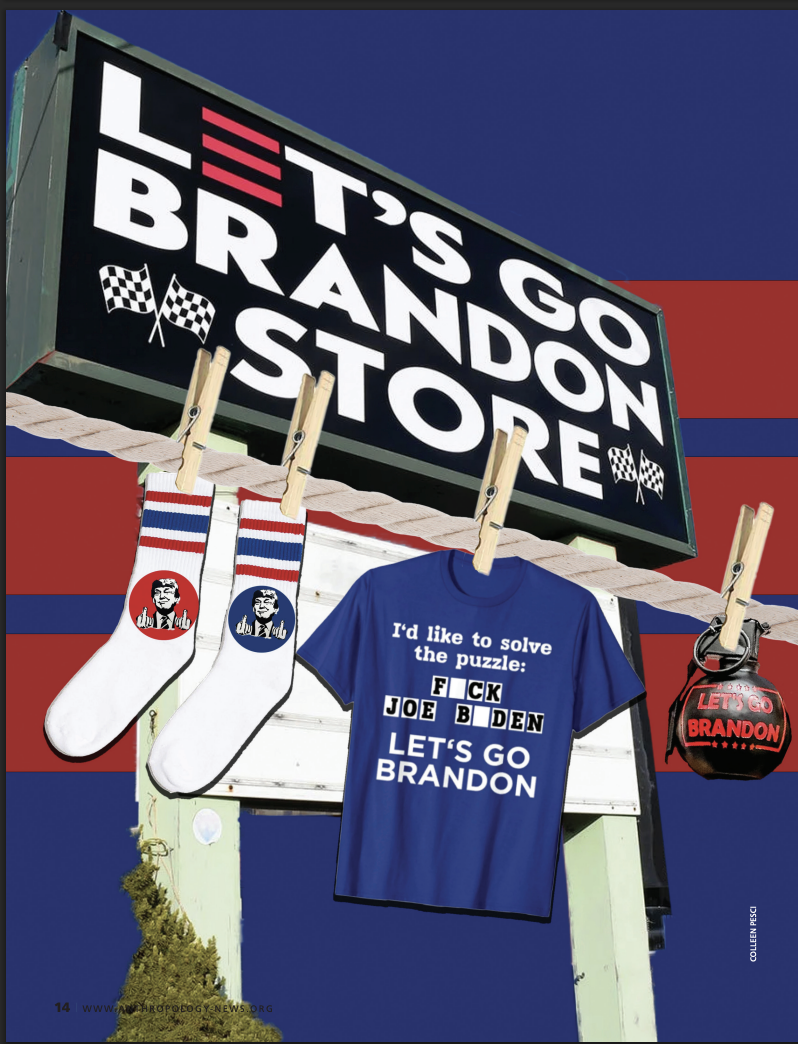 A store sign reading 'Let's Go Brandon' with clown-style socks, a T-shirt, and a bomb-shaped keychain hanging from a clothesline against a blue sky.