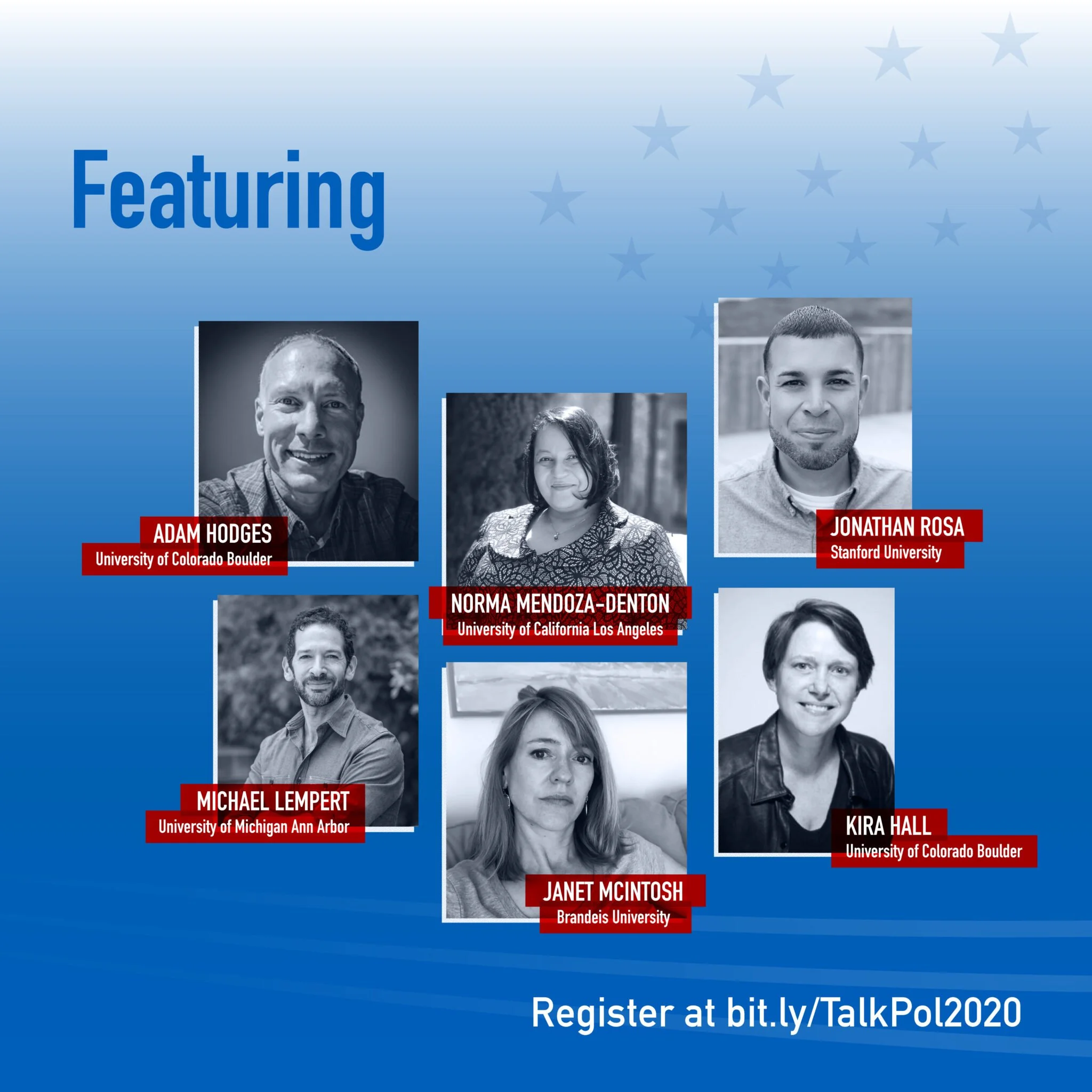 Promotional graphic for a conference featuring photographs of diverse speakers, their names, and affiliated universities, with a blue background adorned with light star patterns and a call-to-action to register at a bit.ly link.