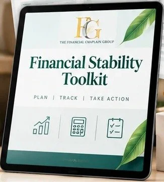 The electronic Financial Stability Toolkit shown on a tablet: Plan, Track, Take Action.