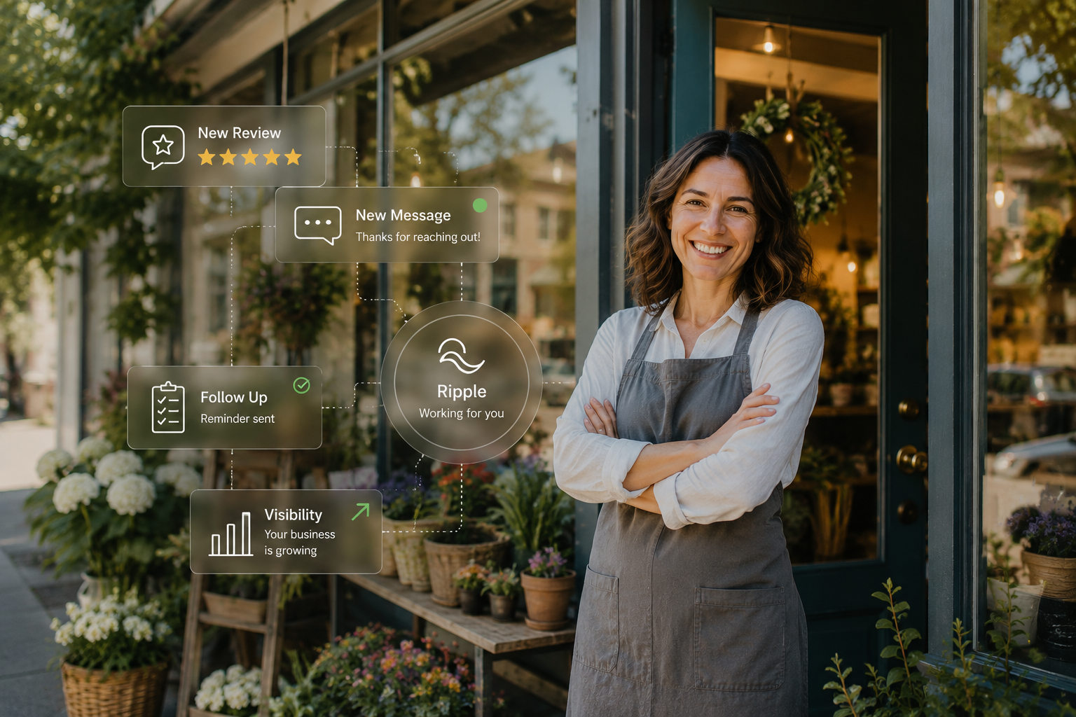 A woman standing outside a flower shop smiling with her arms crossed. Overlaid digital icons and notifications include a five-star review, a message saying thanks for reaching out, a follow-up reminder, and a graph indicating business growth, representing business or customer engagement data.