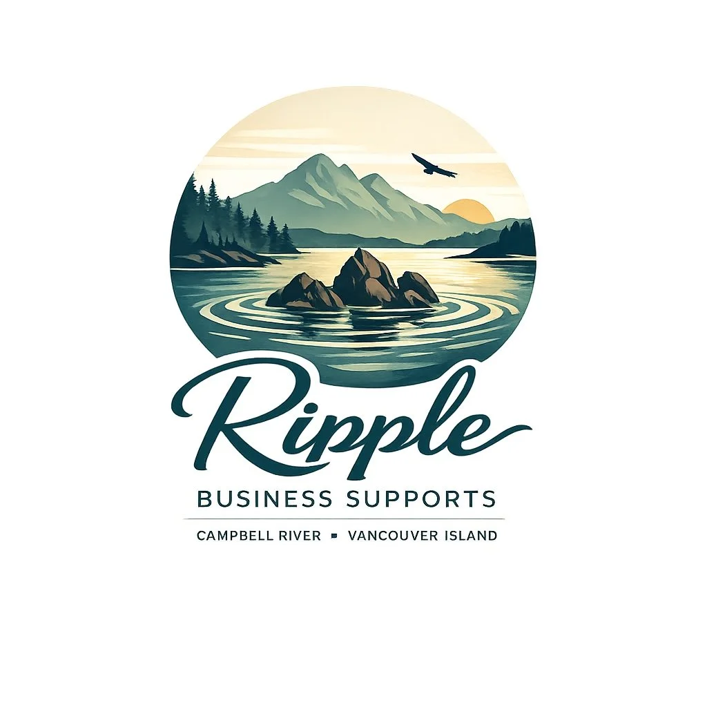 Logo for Ripple Business Supports featuring a circular landscape with mountains, trees, rocks in a lake, a setting sun, and a flying airplane.