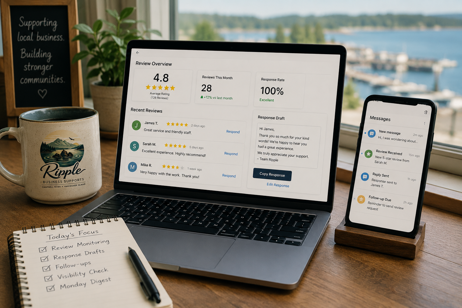 A laptop and a smartphone displaying business reviews and messages on a desk with a notebook and a mug, overlooking a scenic waterway.
