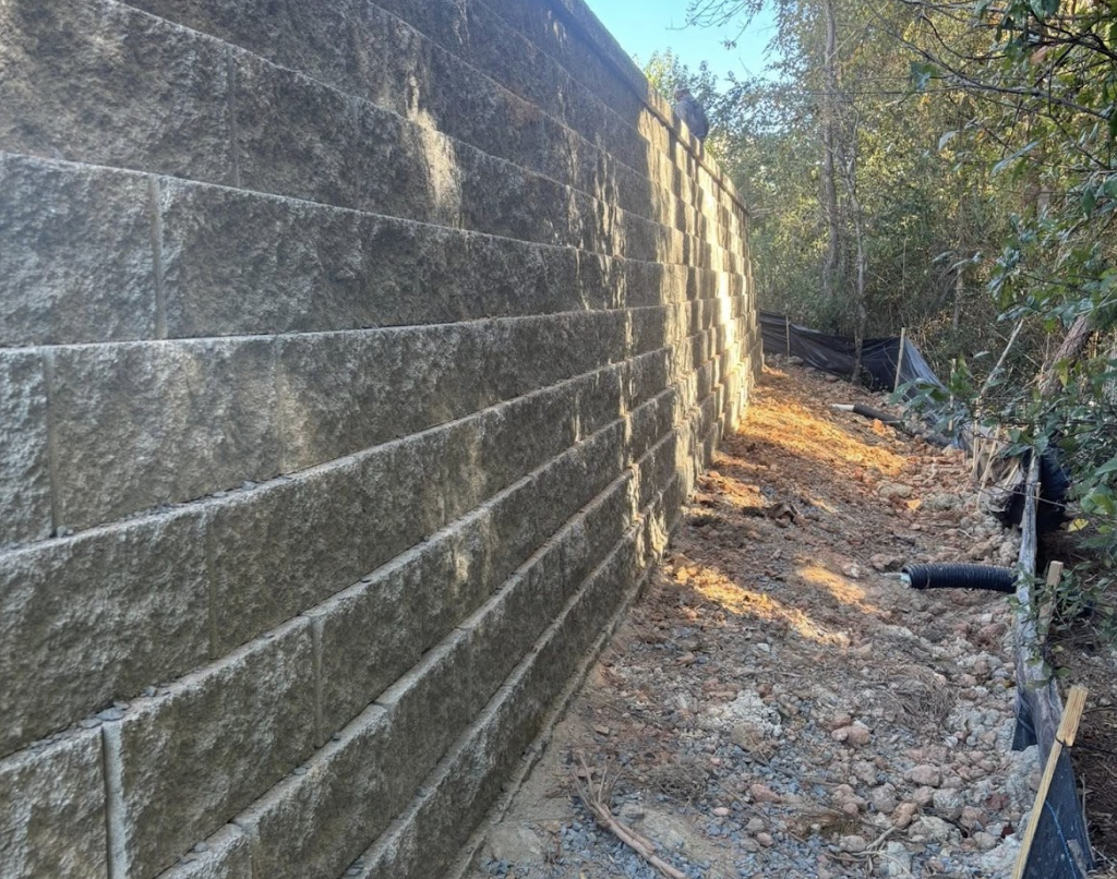 Retaining wall installation completed in Monroe, North Carolina.