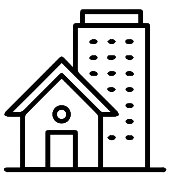Outline of a house in front of a tall apartment building on a black background.