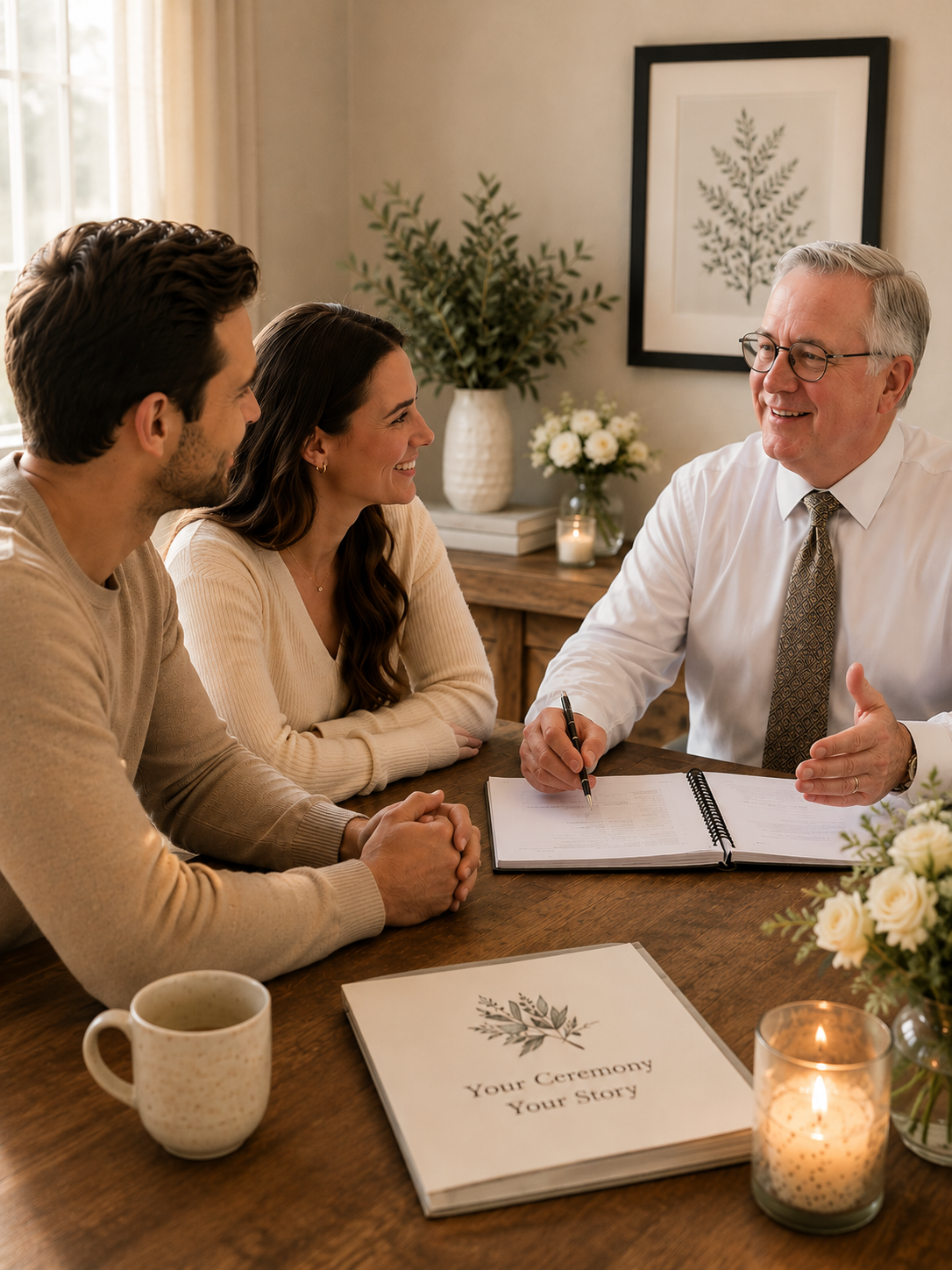 A couple sitting at a table with a man in a white shirt and tie, discussing with a couple during a ceremony planning meeting, with a booklet labeled 'Your Ceremony Your Story' on the table and floral decorations in the background.
