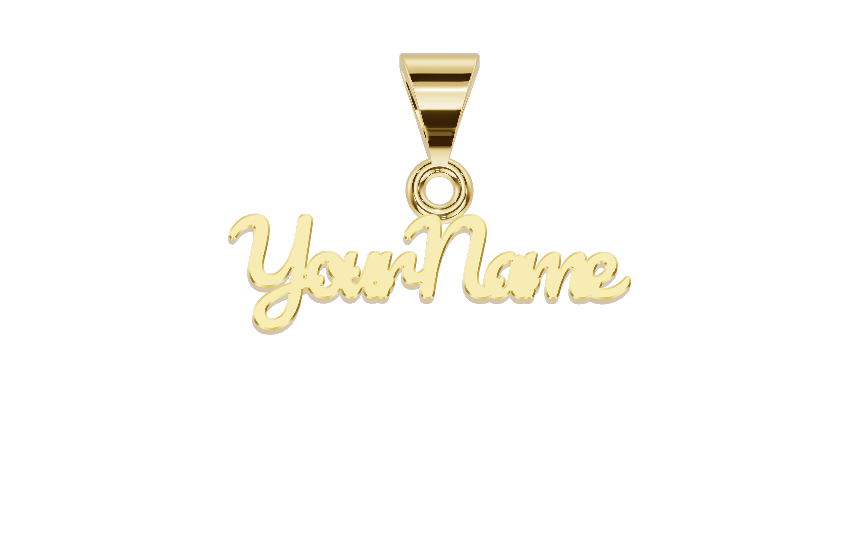 Gold pendant necklace with the words "Your Name" in cursive script.