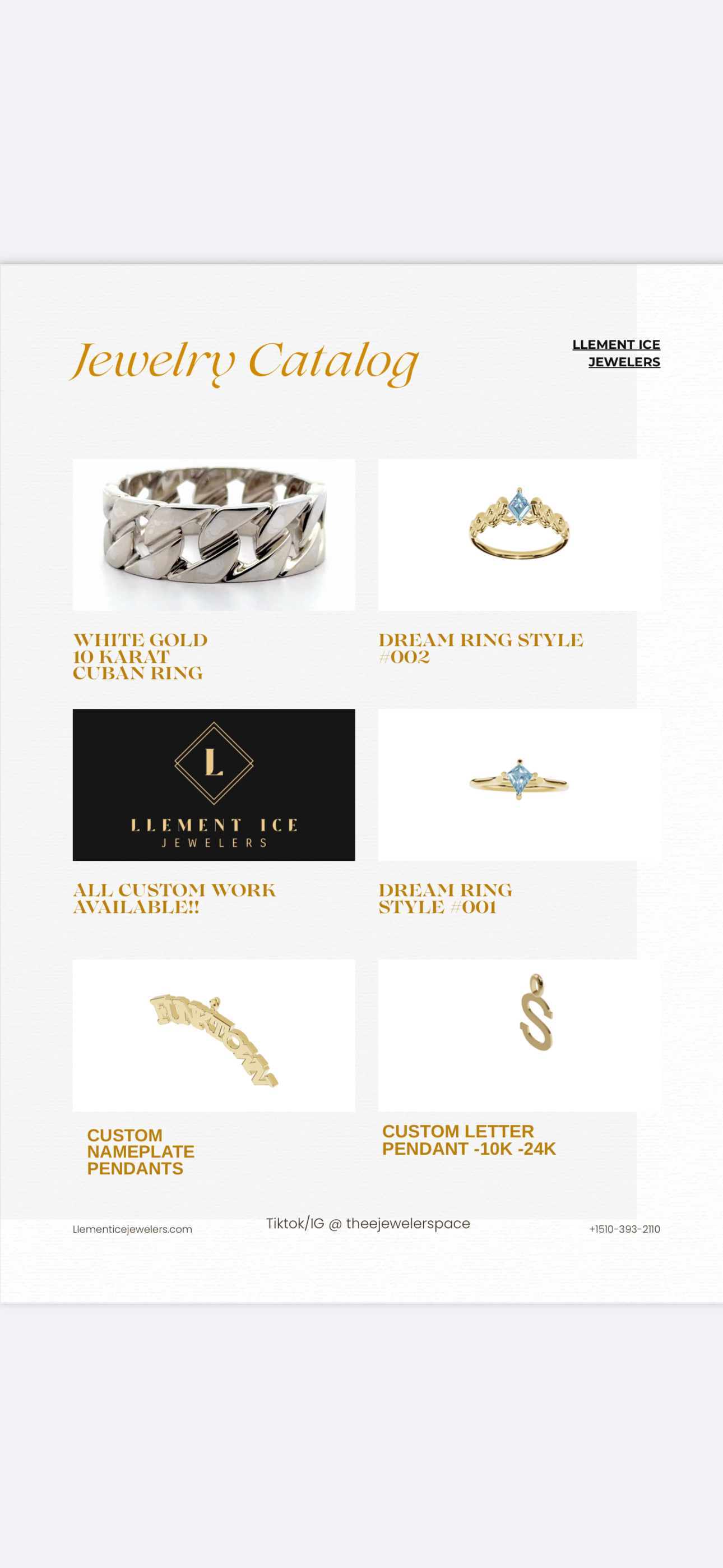 Jewelry catalog page featuring rings, pendants, and custom work options from Llement Ice Jewelers with gold and silver jewelry images and contact information.