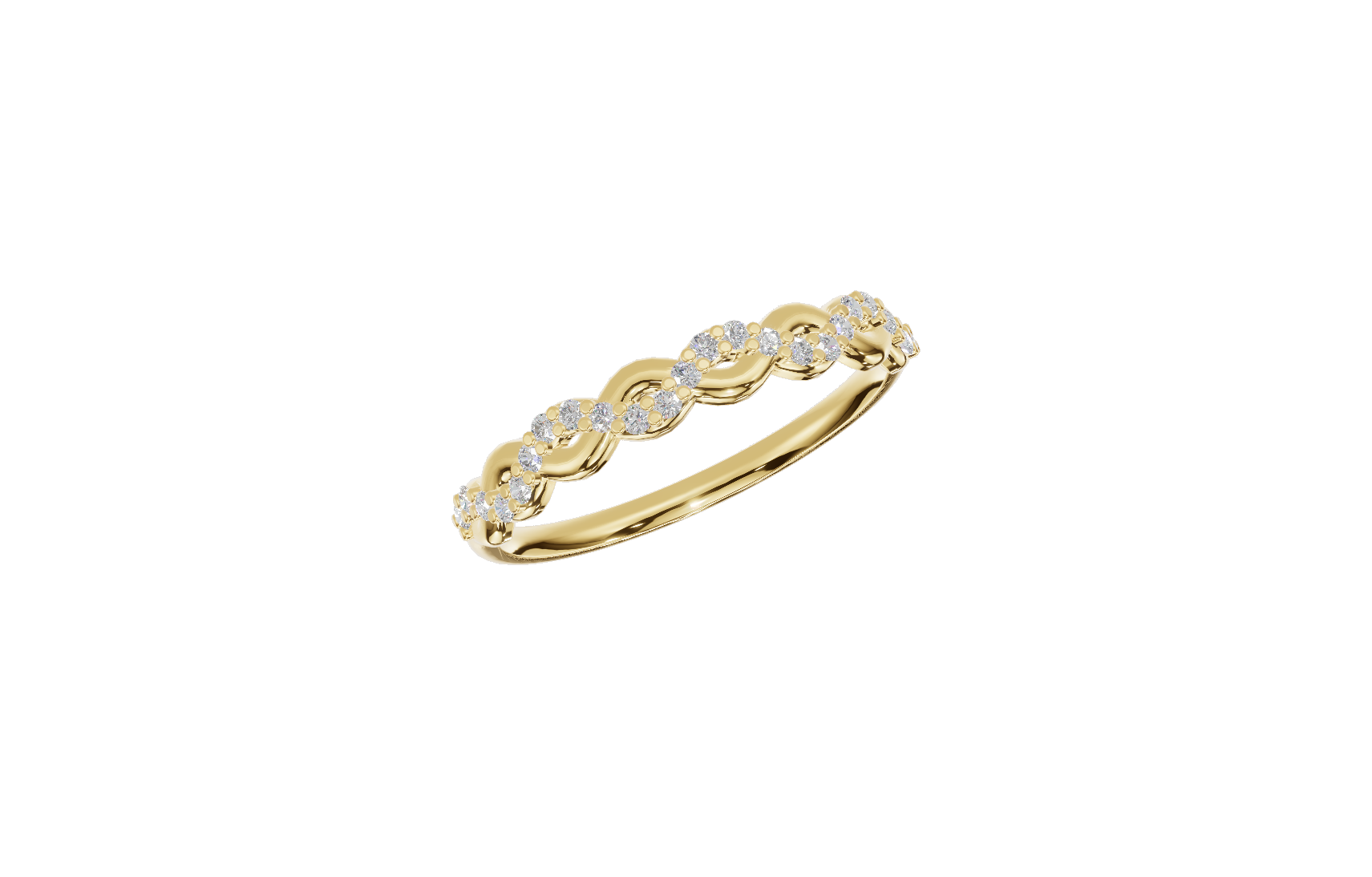 Gold ring with a twisted design accented with small diamonds, isolated on white background.