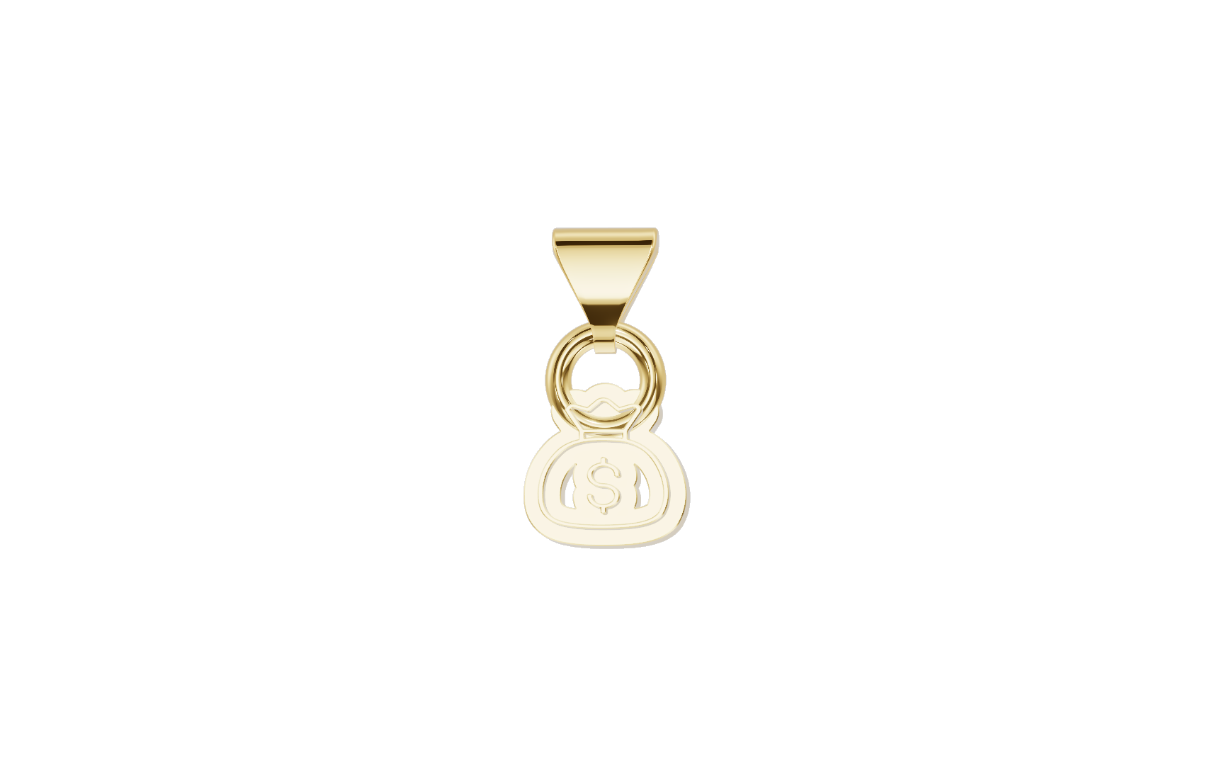 Gold pendant shaped like a money bag with a dollar sign, depicted in a stylized outline design.