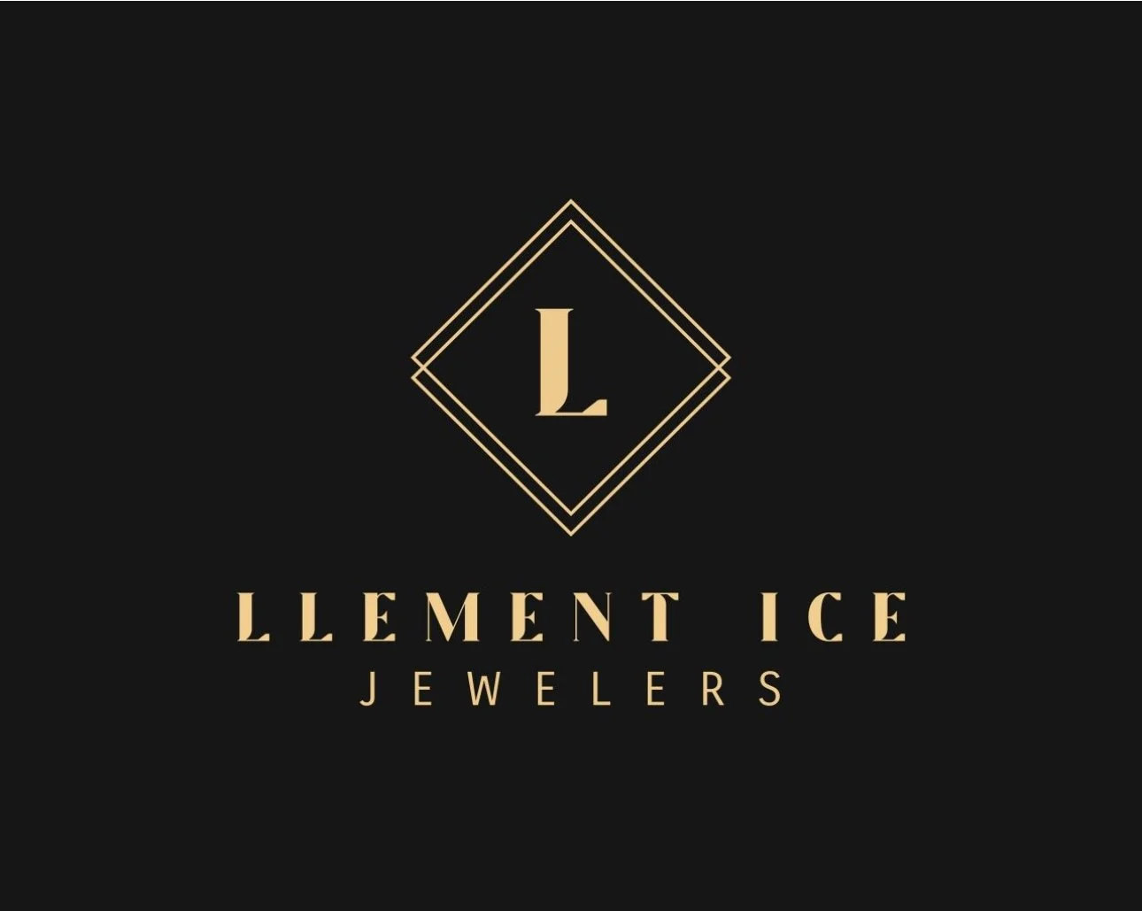 Logo for Llement Ice Jewelers with a black background, gold lettering, and a diamond-shaped emblem with the letter L inside.