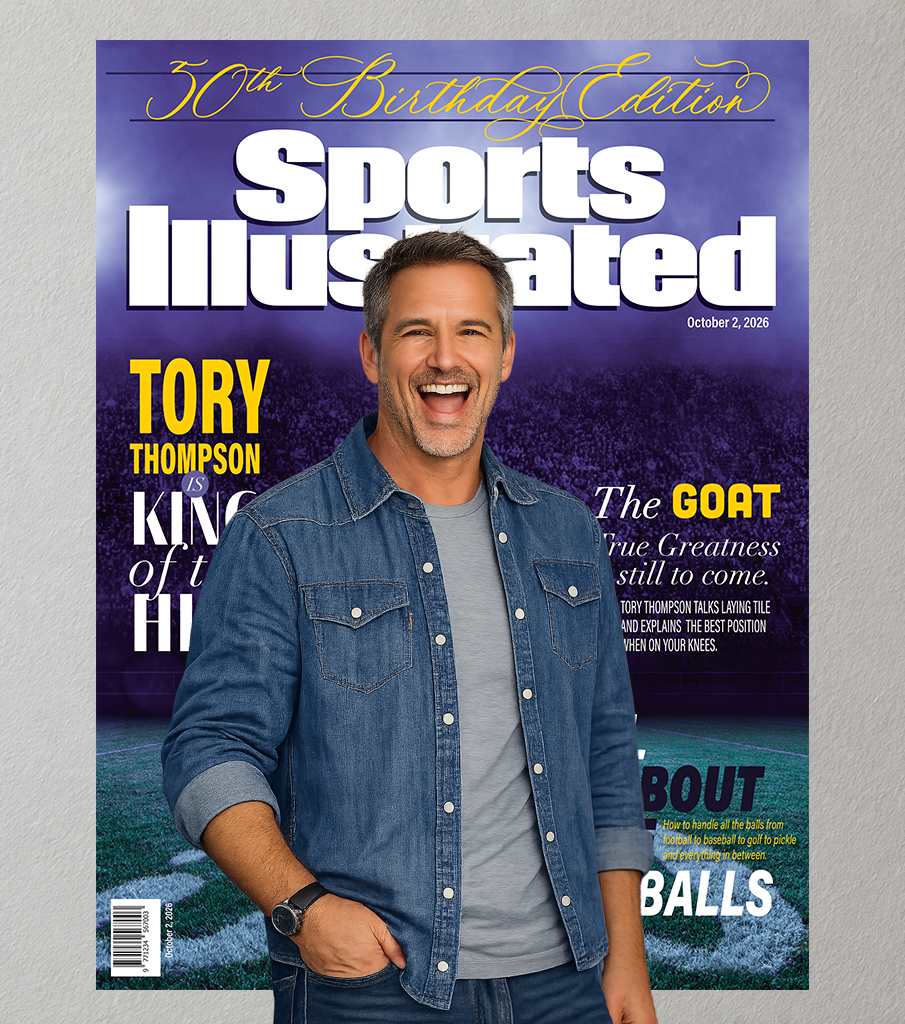 Cover of Sports Illustrated magazine, 50th Birthday Edition, featuring a smiling man wearing a denim jacket and gray t-shirt, standing on a sports field background.