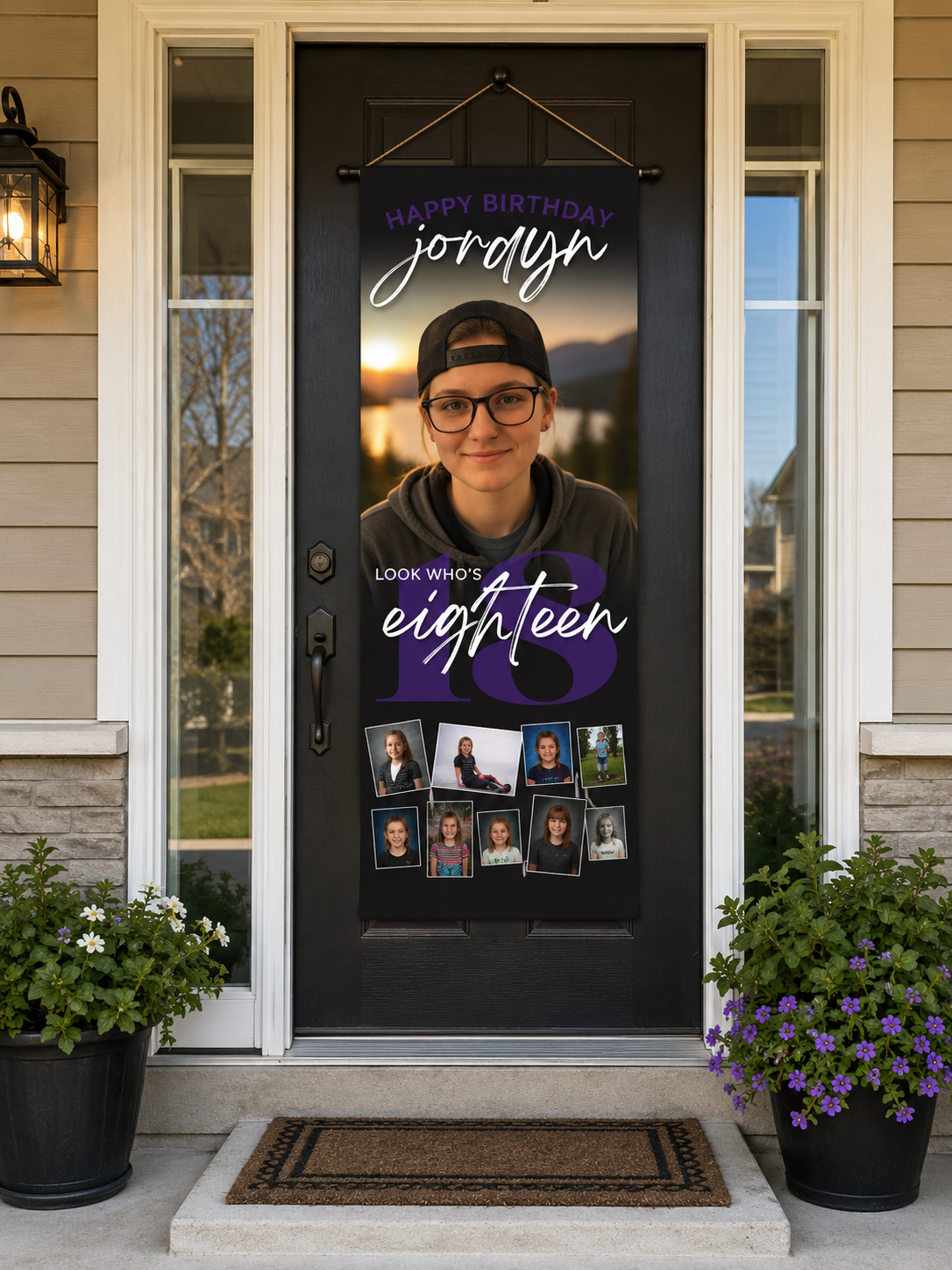 Decorative birthday door banner celebrating an 18th birthday for Jorlyn, featuring a large portrait of a young woman with glasses and a cap, and smaller photos of her as a child, with potted plants on either side of the door.