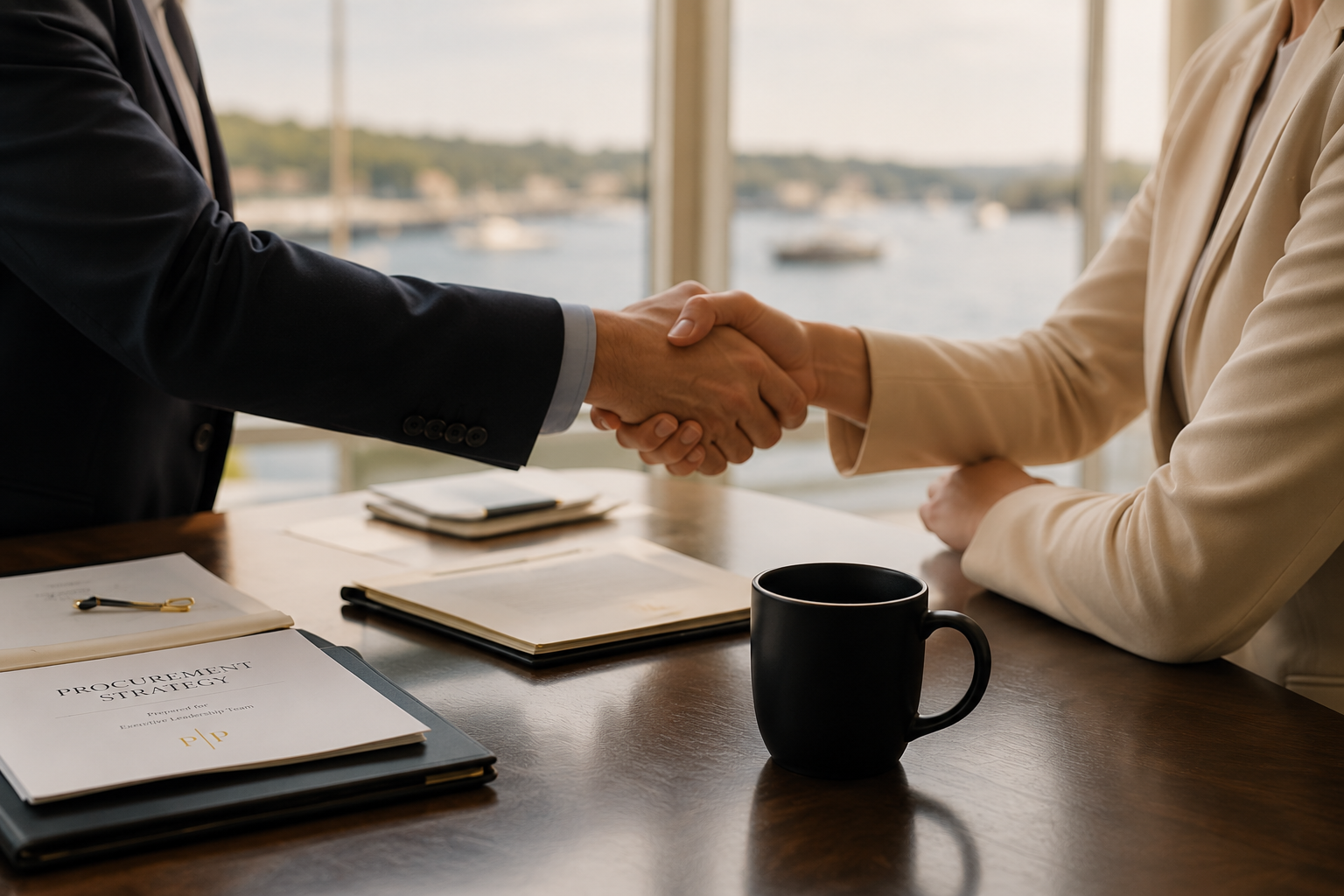 Two people shaking hands over a table with documents, notebooks, and a coffee mug, with a waterfront view visible through large windows.