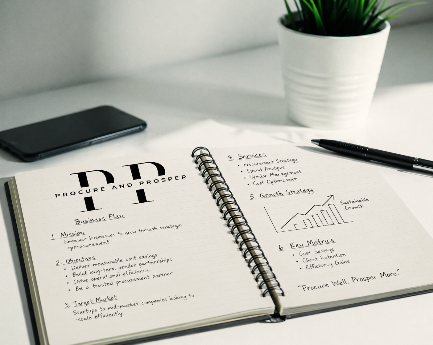 Open business planner with the title 'PPP' and 'Procure and Prosper' on the cover. The planner has notes on business plan topics, services, growth strategy, key metrics, and a graph indicating sustainable growth. A black pen, a smartphone, and a plant in a white pot are on the desk.