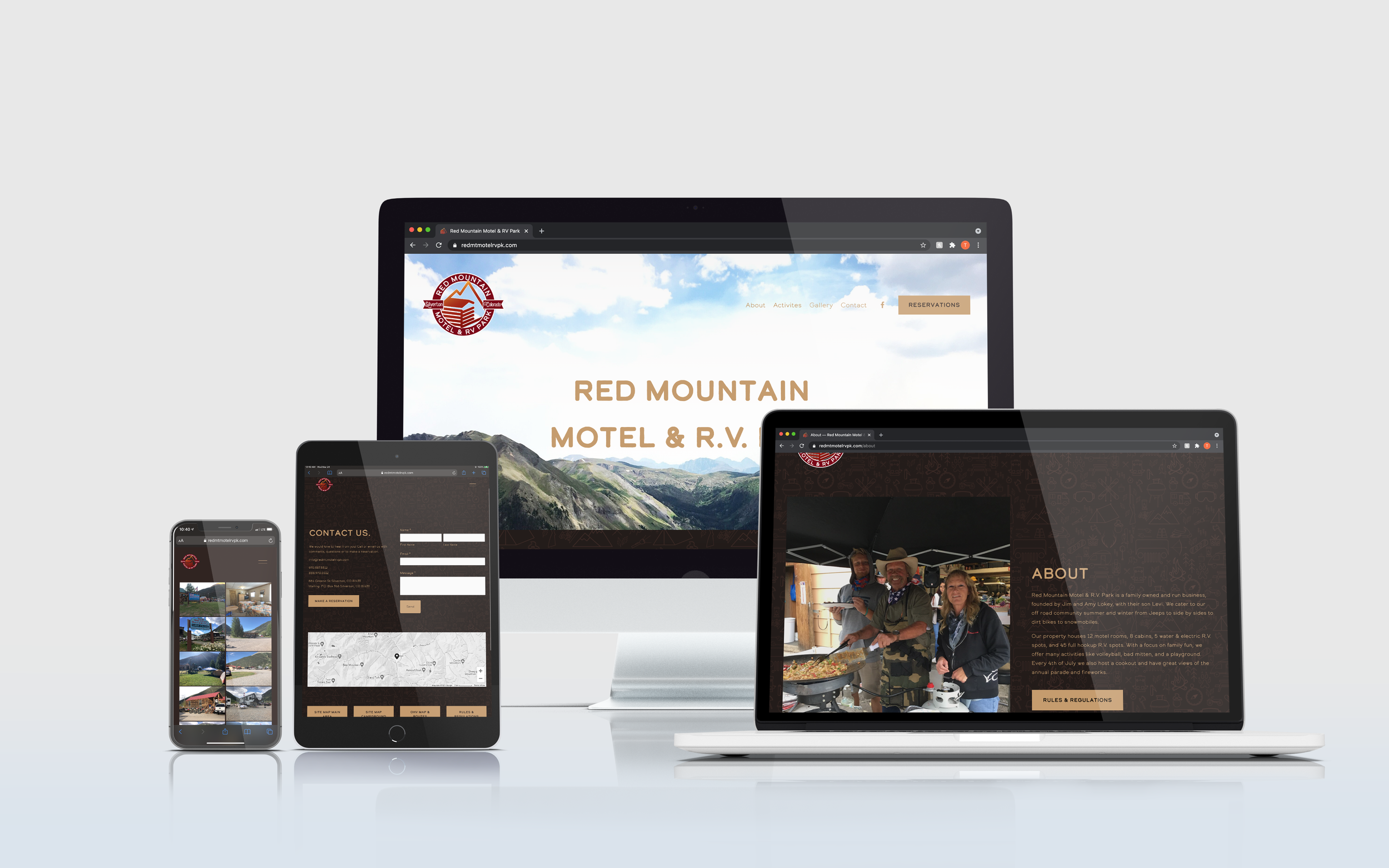 Brand Identity, Digital Graphic Design, family owned business, outdoors, campground, website devices design