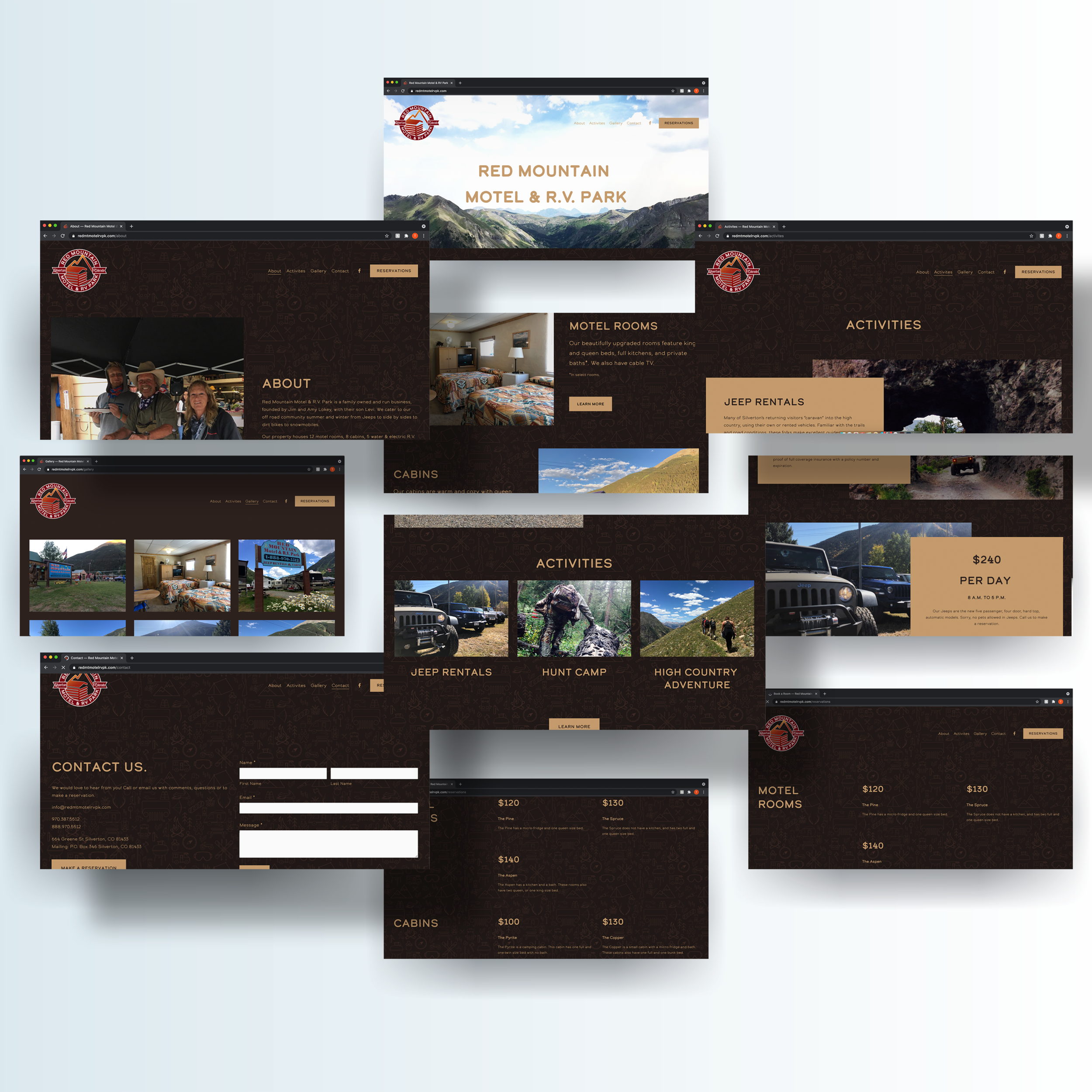Brand Identity, Digital Graphic Design, family owned business, outdoors, campground, website layout prototype landing pages