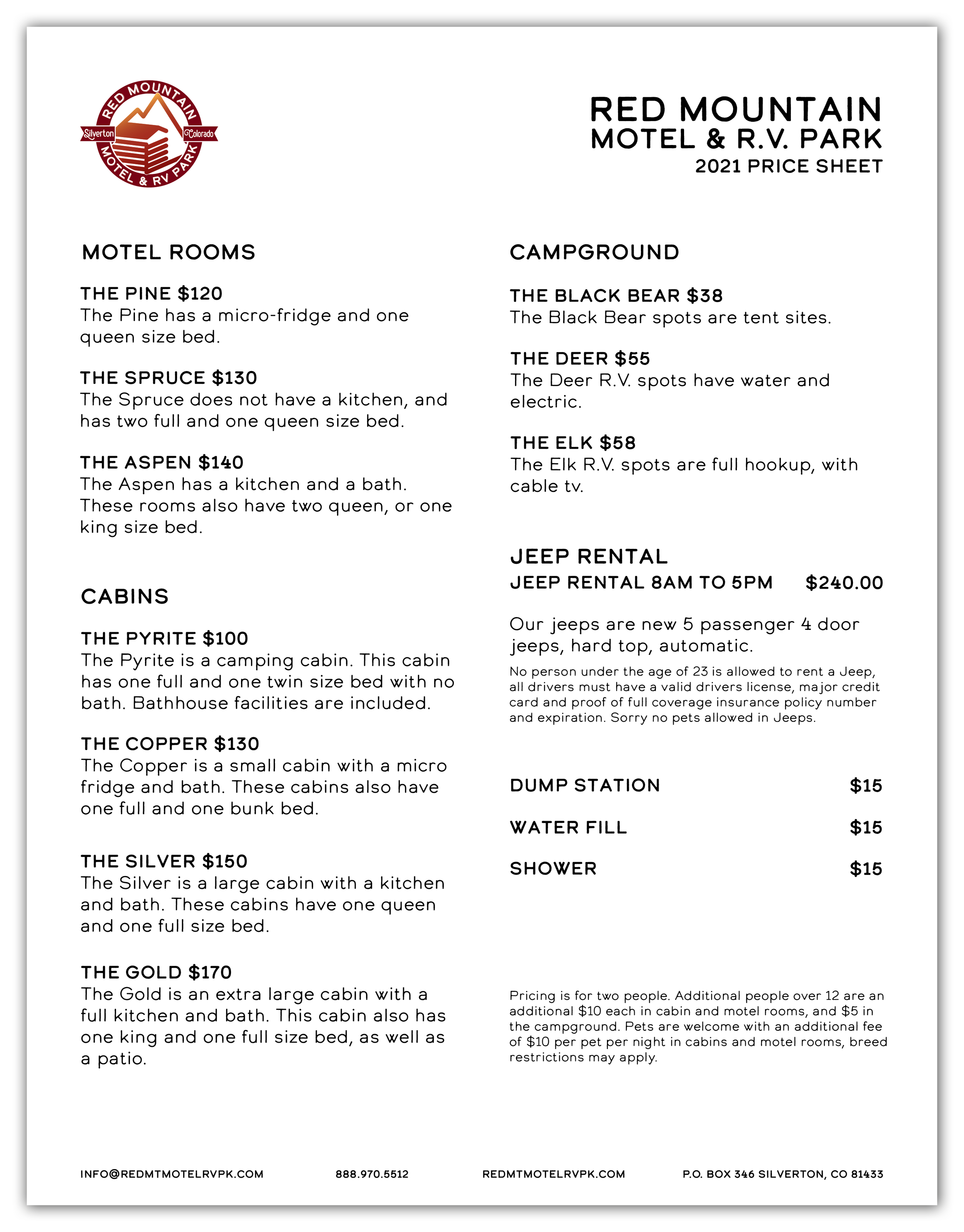 Brand Identity, Print Graphic Design, family owned business, outdoors, campground, Price sheet whitepaper infographic pdf layout design