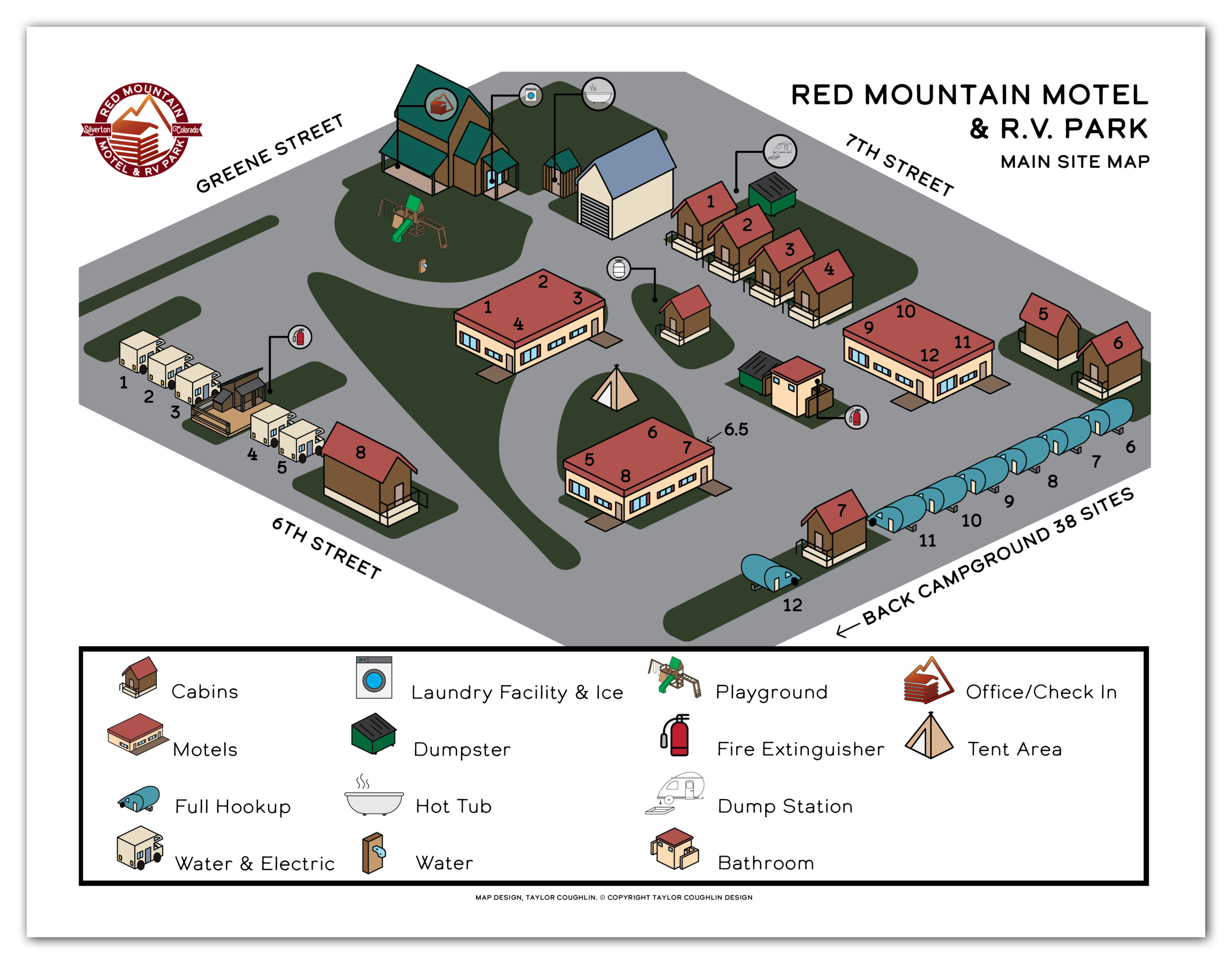 Brand Identity, Print Graphic Design, family owned business, outdoors, campground, map way-finding environmental whitepaper infographic pdf layout design