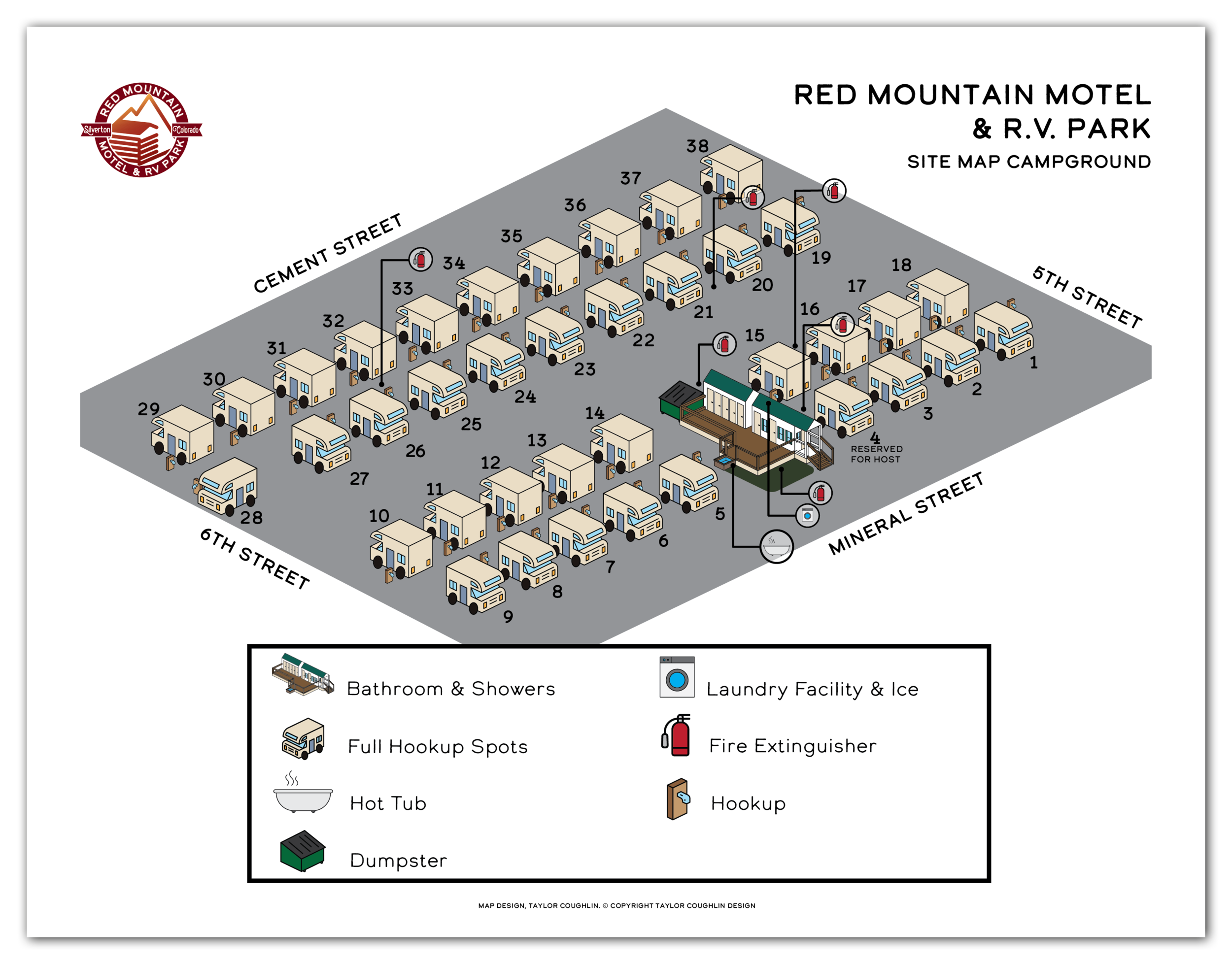 Brand Identity, Print Graphic Design, family owned business, outdoors, campground, map way-finding environmental whitepaper infographic pdf layout design