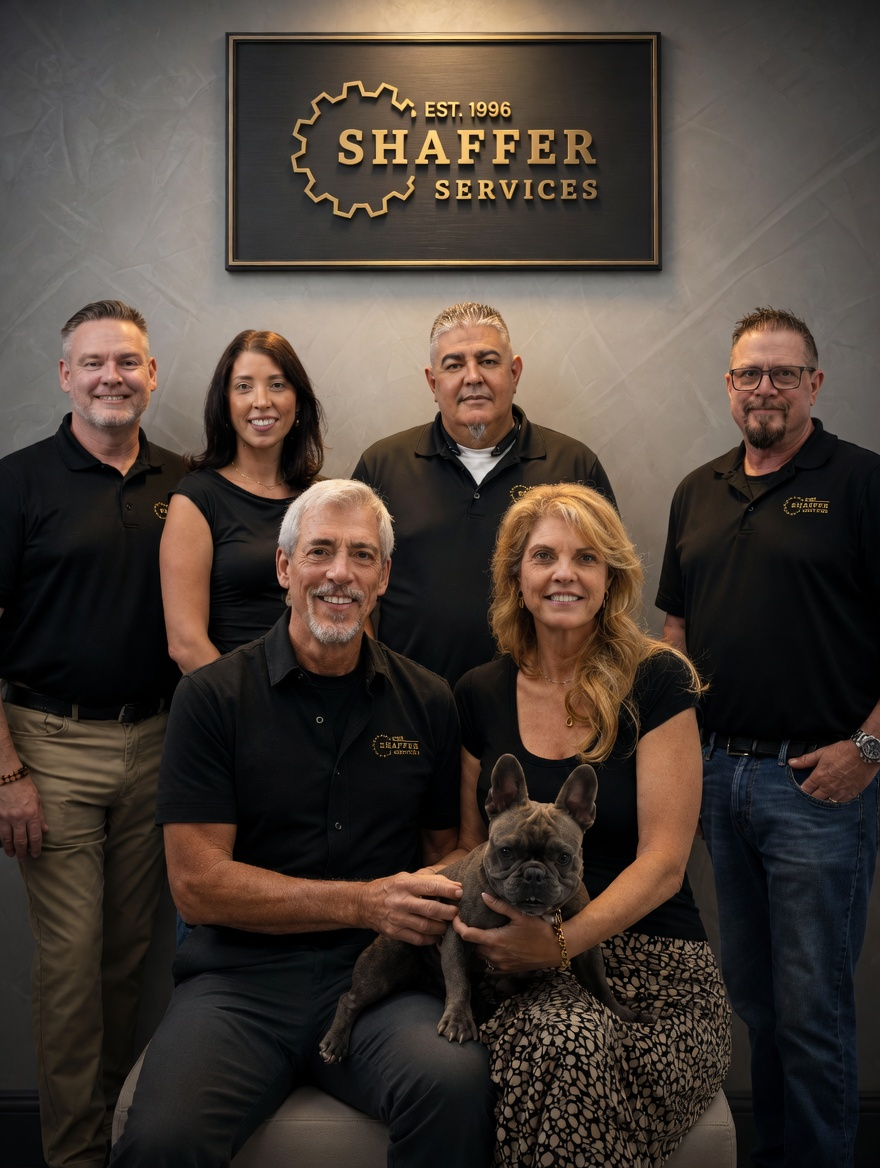 Six people and a French Bulldog posed in front of a wall with a sign for Shaffer Services established in 1996, inside an office or business setting.