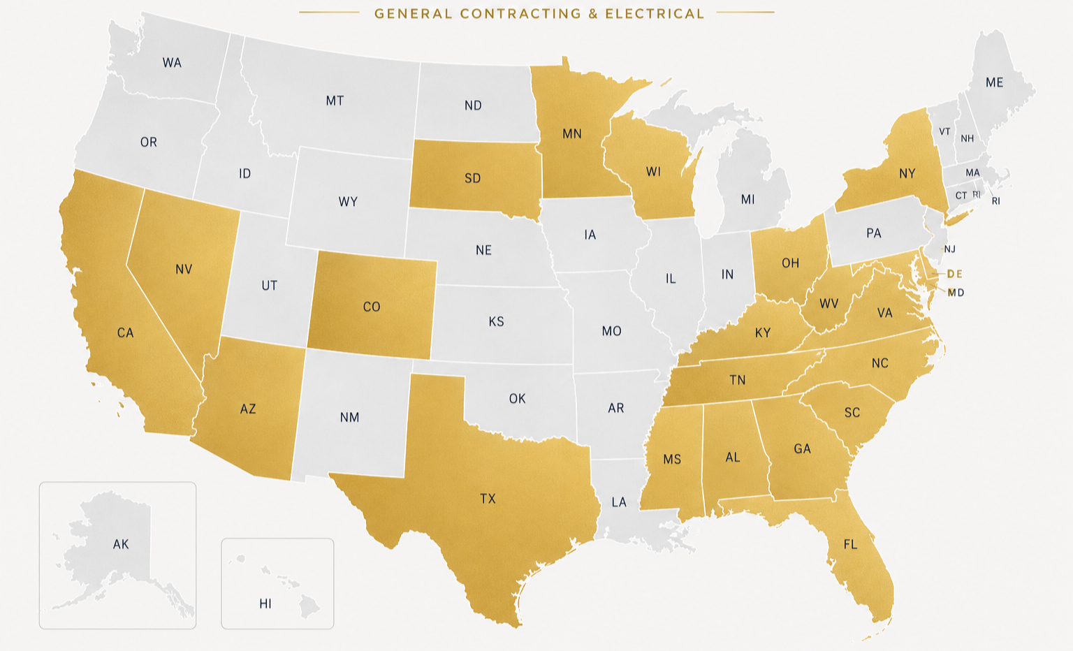Map of the United States highlighting states in gold which are involved in general contracting and electrical work. States highlighted include Nevada, California, Colorado, Texas, Louisiana, Florida, Georgia, South Carolina, North Carolina, Virginia, Maryland, Delaware, New York, New Jersey, Connecticut, Rhode Island, Massachusetts, Vermont, New Hampshire, Maine, Ohio, West Virginia, Wisconsin, Minnesota, South Dakota, Nebraska, Kansas, Oklahoma, New Mexico, Arizona, Alaska, Hawaii, and others.