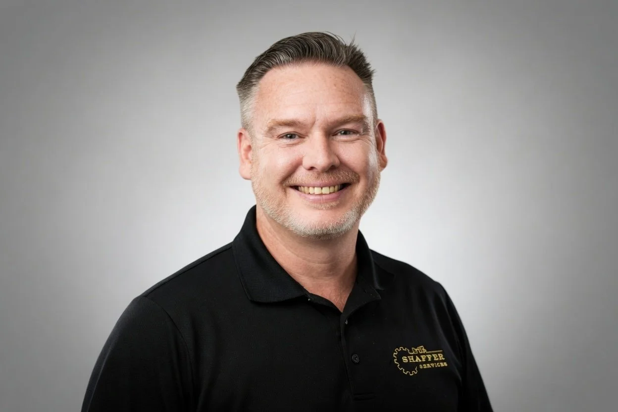 A smiling middle-aged man with short, light brown hair and a beard, wearing a black polo shirt with a logo that says "SAFTER SERVICE" on the left chest, standing against a plain gray background.