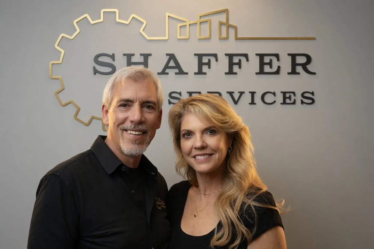 Two smiling adults, a man and a woman, standing in front of a wall with a company logo that reads "SHAFFER SERVICES" with a gear and building outline above it.