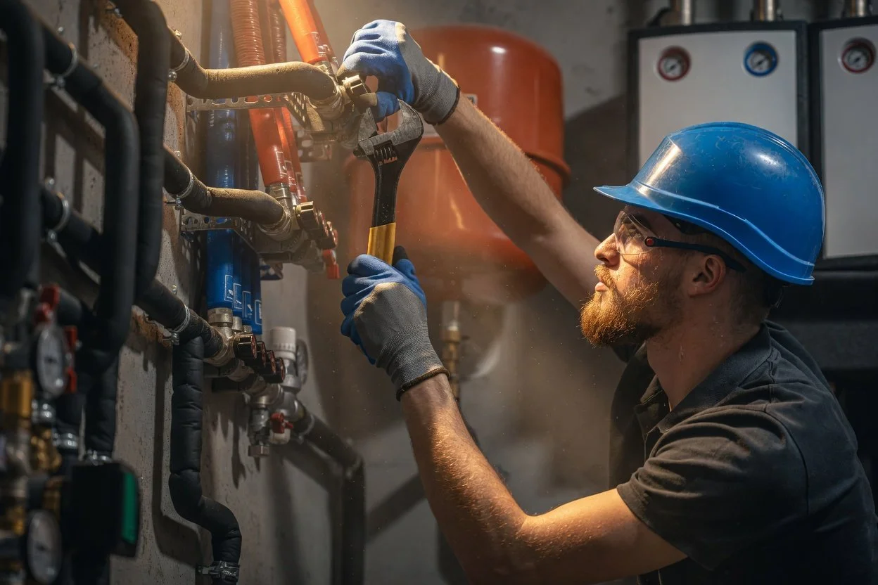 A worker wearing a blue safety helmet and gloves fixing pipes with a wrench in an industrial setting.