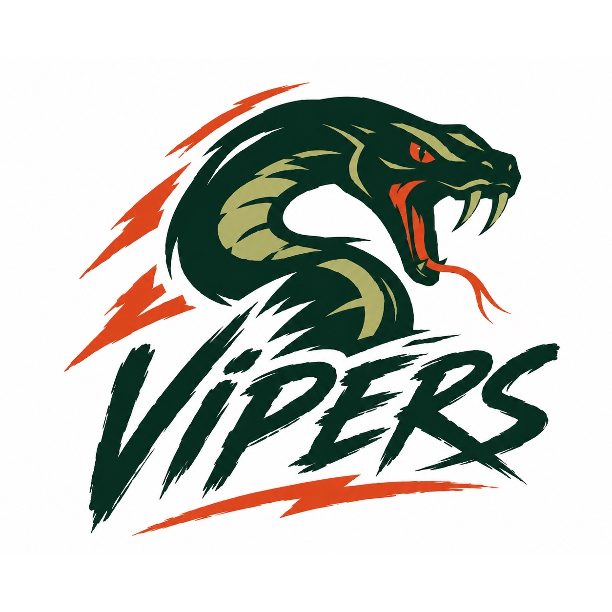 A logo featuring a fierce, green and black snake with red eyes and tongue, with orange lightning bolt accents, and the word 'Vipers' in bold, stylized black text.