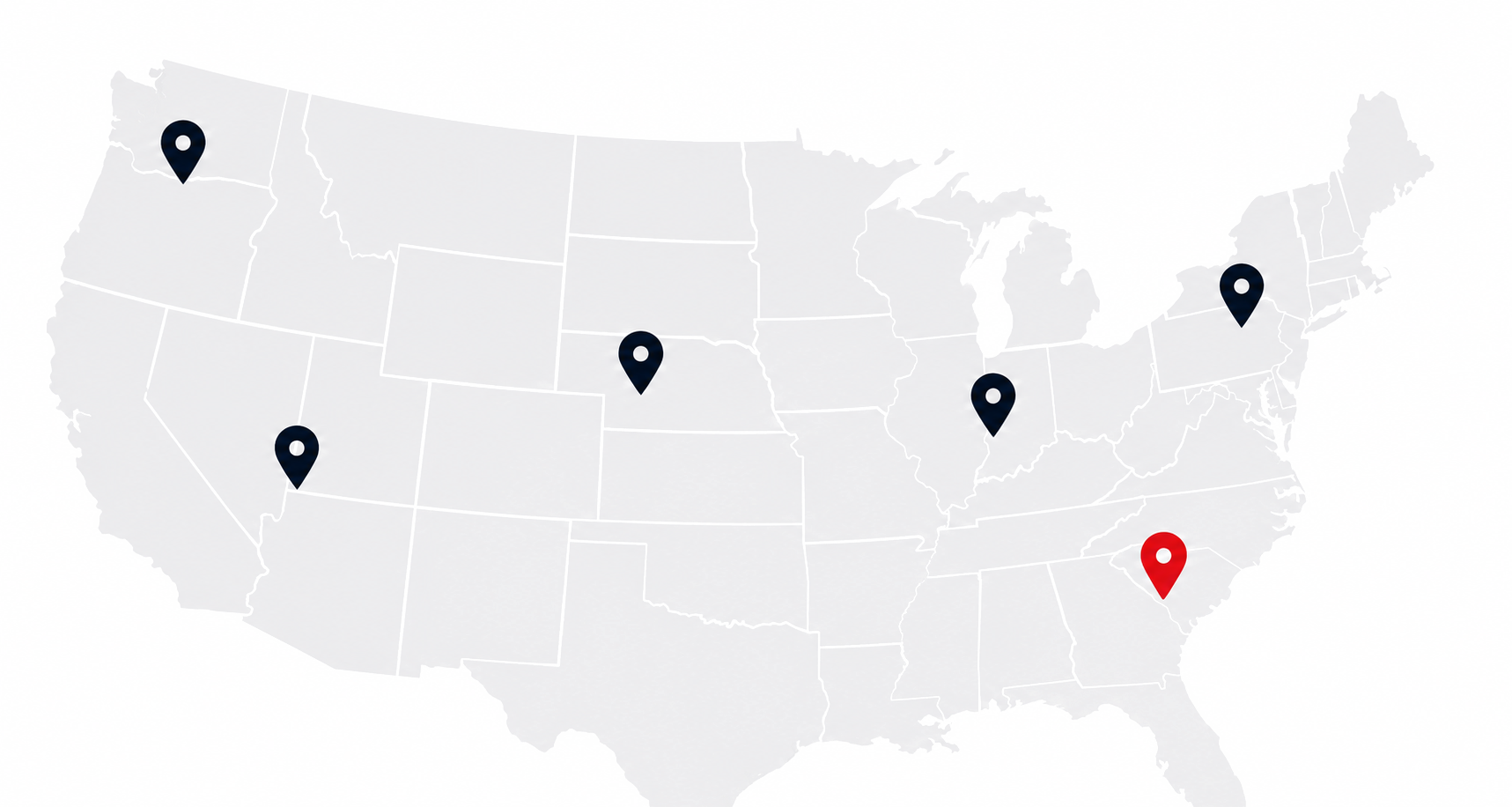 Map of the United States with five location markers: four in blue and one in red, placed in various states.
