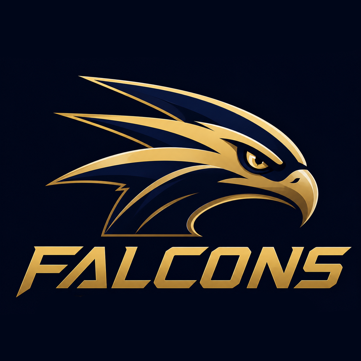 Logo of a falcon with gold and black colors and the text 'FALCONS' underneath, on a dark background.