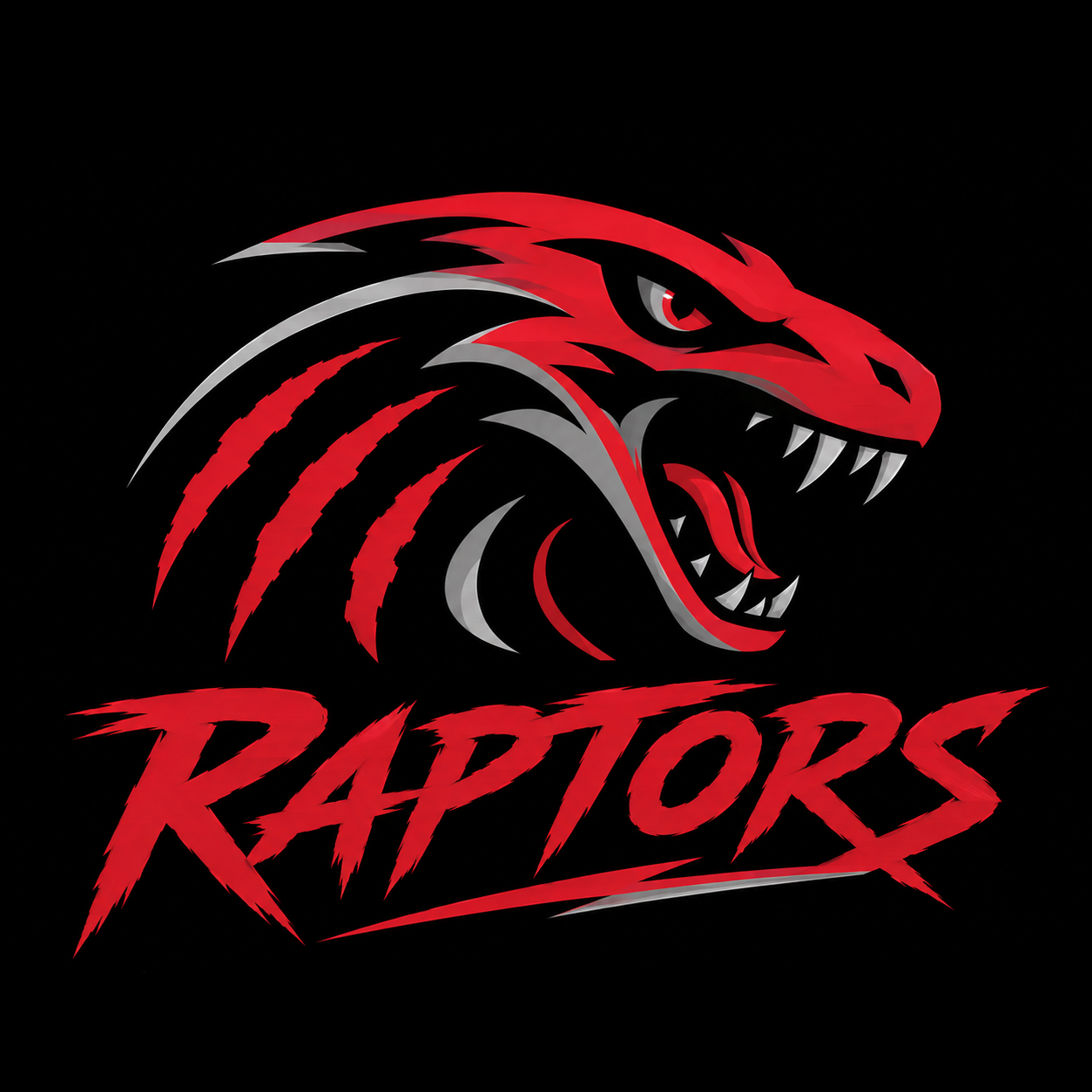 A stylized red and black fierce dinosaur head with sharp teeth and an intense eye, above the word 'RAPTORS' in bold, jagged red lettering, set against a black background.