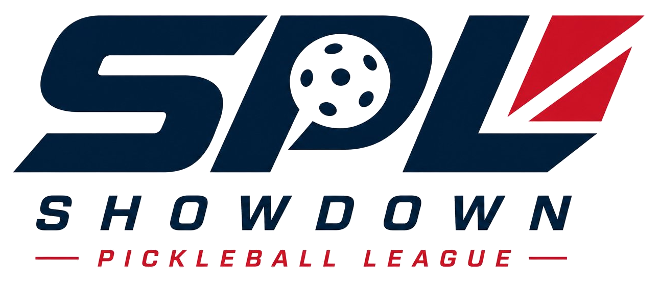 Logo for the Spike Showdown Pickleball League, featuring bold navy blue text with a red accent and a pickleball graphic incorporated into the design.