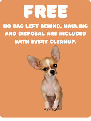 Orange background sign with large white text offering free service, no bag left behind, hauling and disposal included, and a small Chihuahua dog sitting at the bottom.