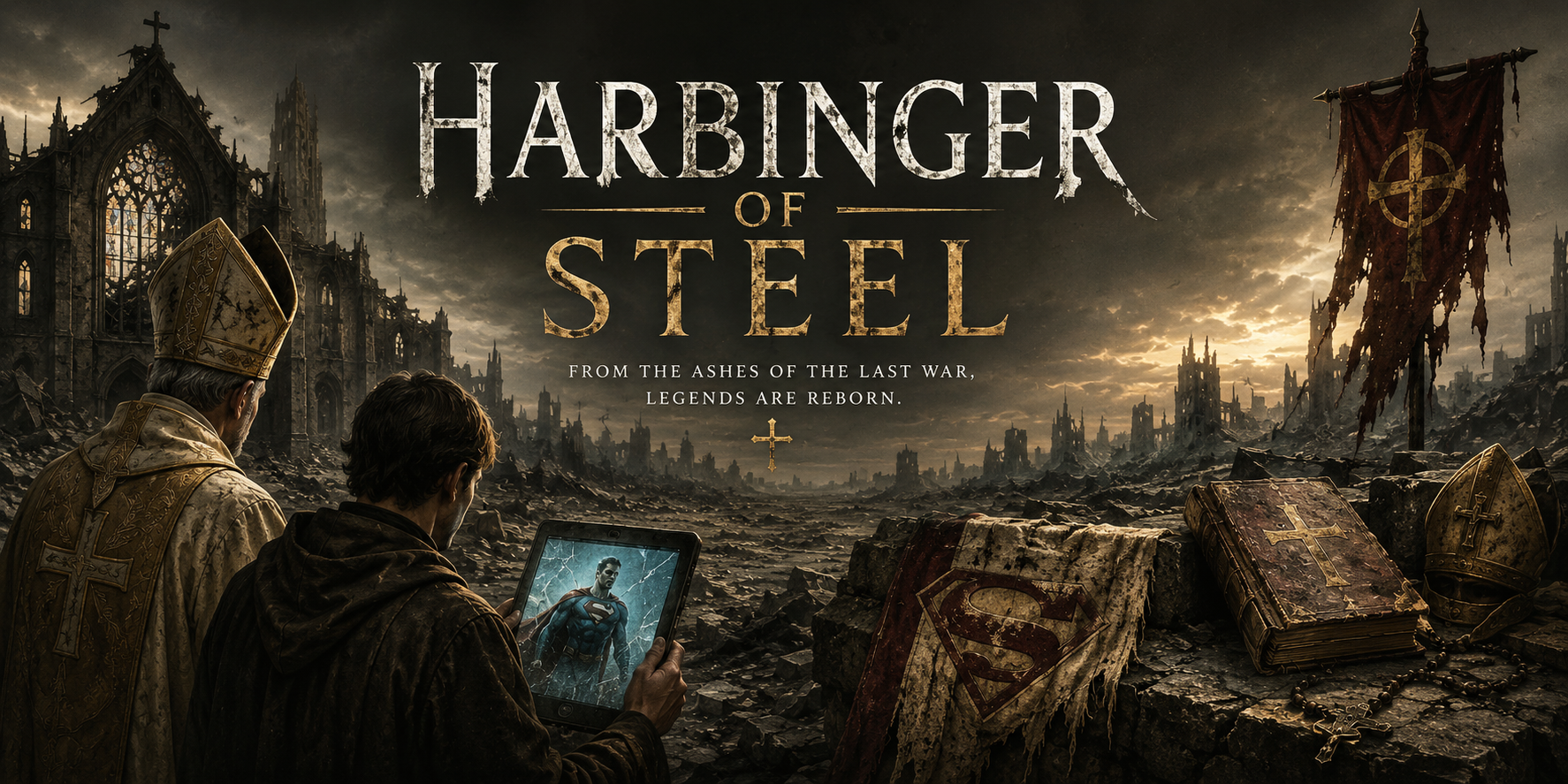 Post-apocalyptic scene of war ruins with two men, one in religious attire and the other with a Superman emblem, looking at a tablet showing Superman. The background features destroyed buildings, a flag with a cross, and scattered religious and military items, including a helmet, a Bible, and a crucifix. The text reads 'Harbinger of Steel' and 'From the ashes of the last war, legends are reborn.'