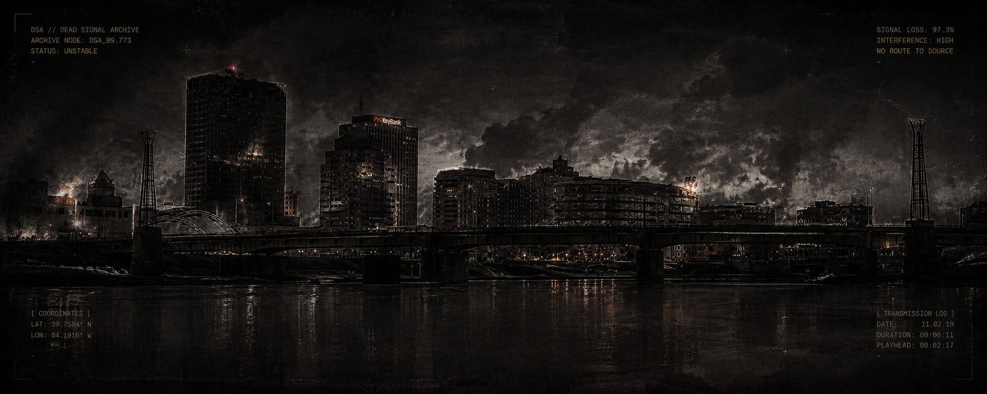 Dark, ominous postapocolyptic Dayton, Ohio city skyline at night with tall buildings and a bridge over a river, under heavy smoke-filled clouds.