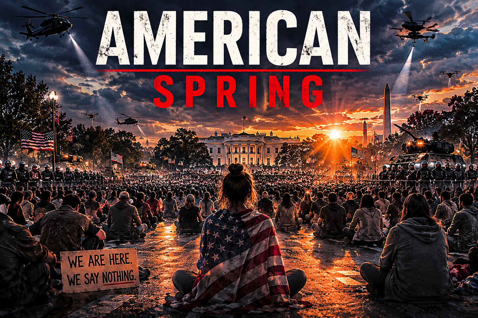 Protesters sit on the ground in front of the White House during sunset, with one person wrapped in an American flag and holding a sign that says 'We are here. We say nothing.' Military helicopters fly overhead, and the sky is filled with dark clouds and the setting sun.