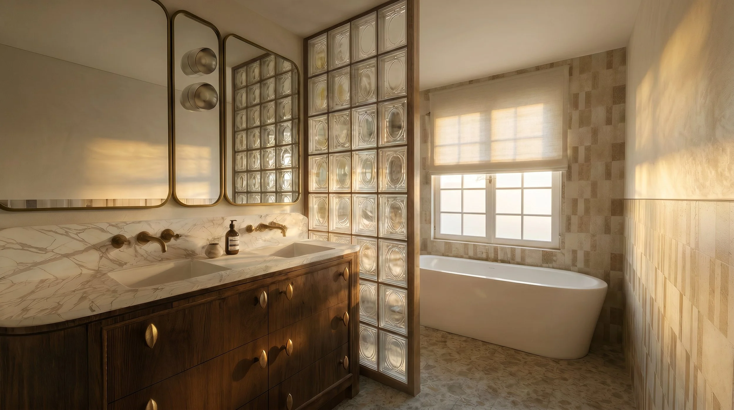 Mid-century modern master bathroom design for Halcyon House in Applecross Perth by Atelier E & Co