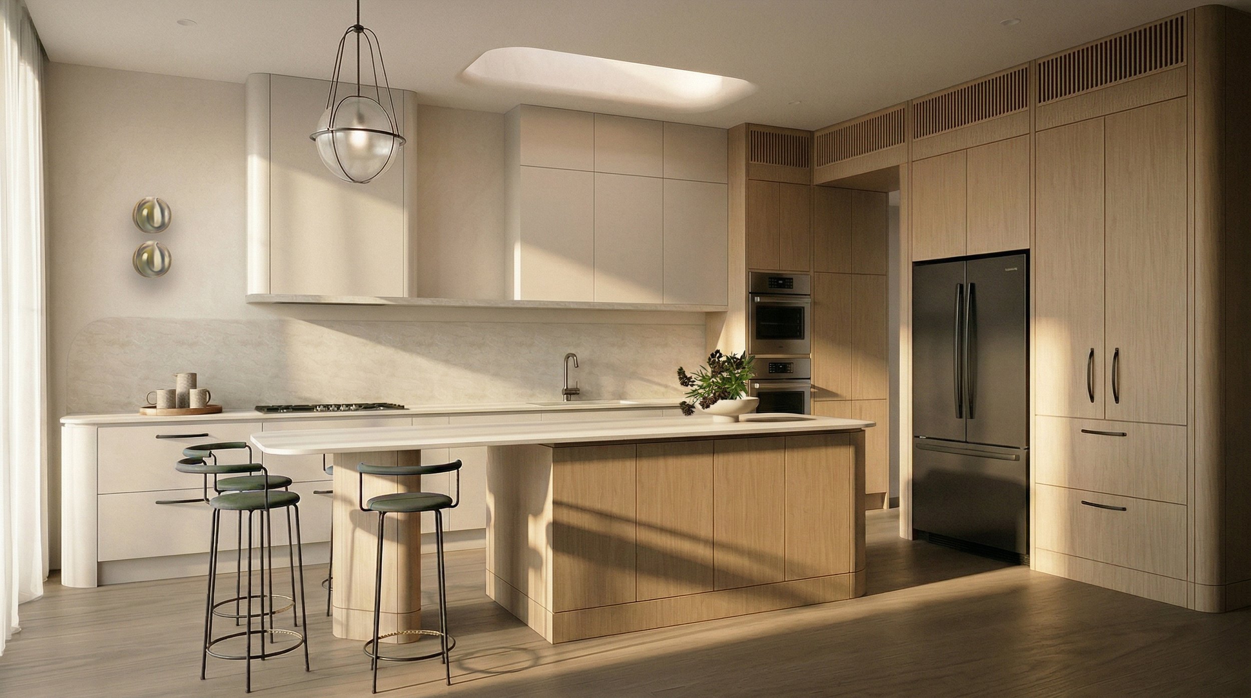 Custom kitchen design in Floreat Perth with warm oak, stone finishes and refined residential interiors