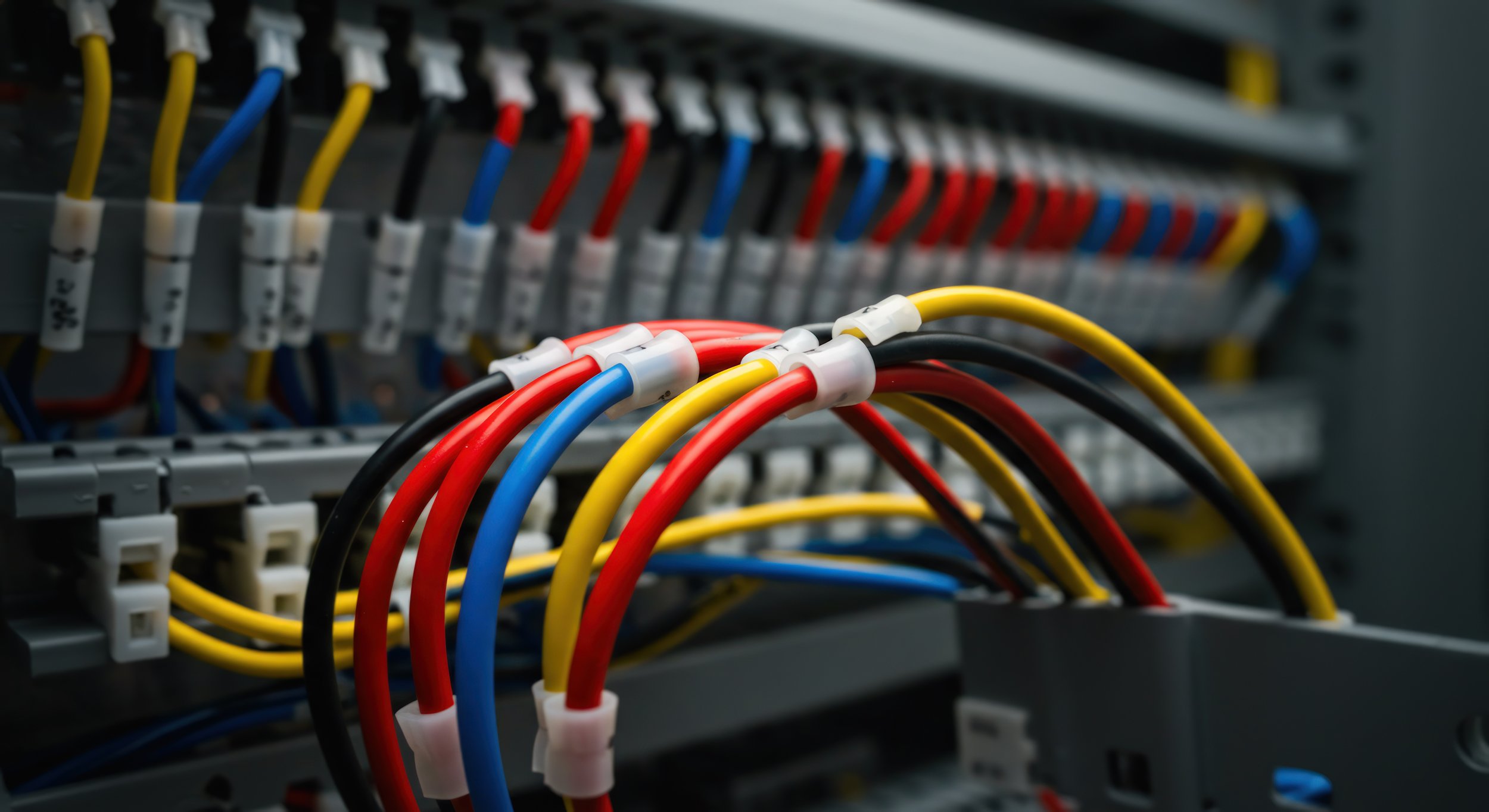 Close-up view of colorful electrical wires connected to a control panel or circuit board.